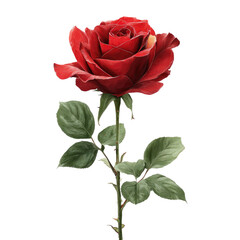 Digital image of a single, vibrant red rose with green leaves and thorns, isolated
