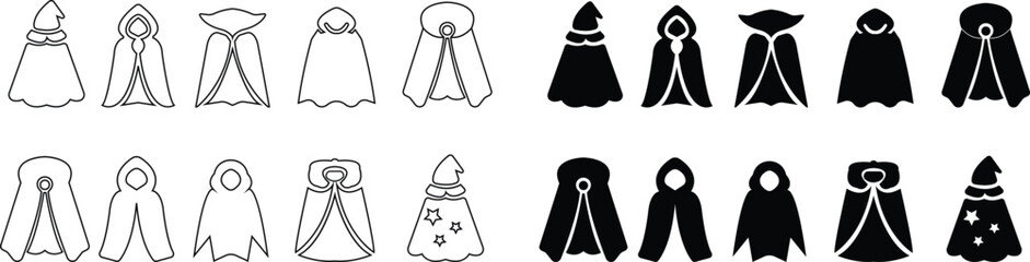 Fantasy cape icon set , vectors of magical headwear, wizard hats fairy tale crowns silhouette with stylized cape aesthetic sorcerer helmets enchanted accessories and mythical costume elements for game © Rabia