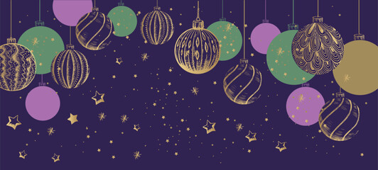 Merry Christmas and New Year set on blue background. Hand drawn illustration.	
