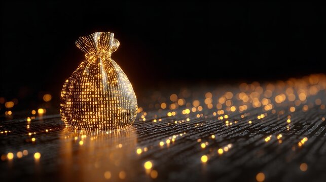 Golden digital moneybag filled with binary code reflecting wealth and prosperity