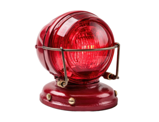 A vintage, spherical red light with a metal cage and mounting base