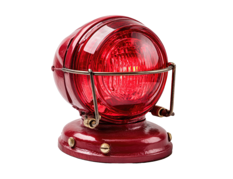 A vintage, spherical red light with a metal cage and mounting base