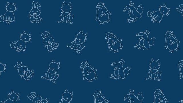 Whimsical line art of adorable bunnies, frogs, penguins, and birds creating a playful, repeating floral pattern animal motif on a serene blue backdrop, ideal for children's designs