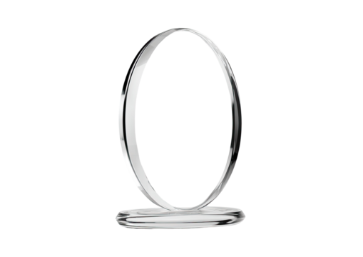 Sleek, oval-shaped metallic object on a reflective base, isolated on black background