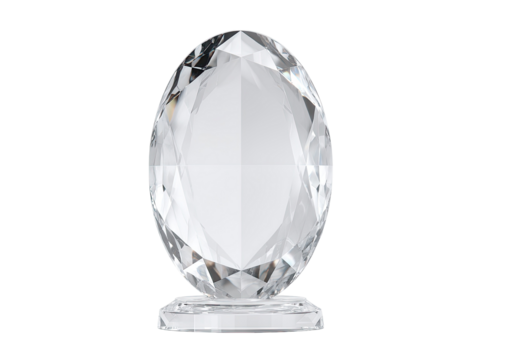 Sparkling, faceted, clear, egg-shaped sculpture on a rectangular base, isolated on black