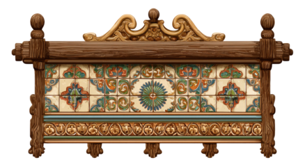 Ornate, wooden bench with decorative tile backsplash and carved accents