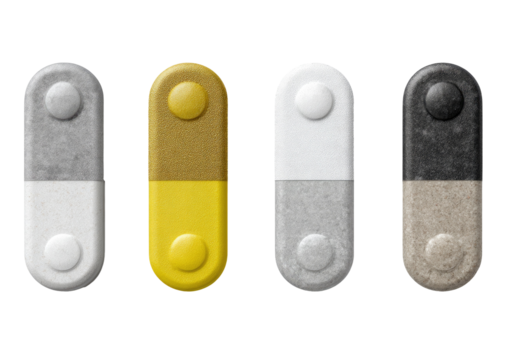 Four oblong objects, vertically split into colors, textured and buttoned on ends, set against black