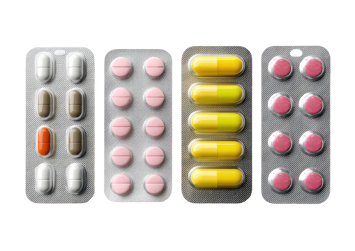 Four blister packs of pills of varying colors sit arranged horizontally on a black backdrop