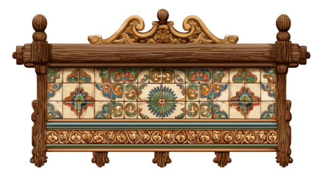 Ornate, wooden bench with decorative tile backsplash and carved accents