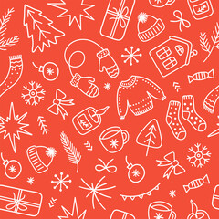 Christmas seamless pattern of seasonal linear elements on a red background. Red and white colors. Christmas hand drawn print. Vector retro illustration
