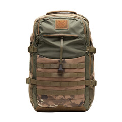 A camouflage backpack with multiple compartments and straps, set against a dark background