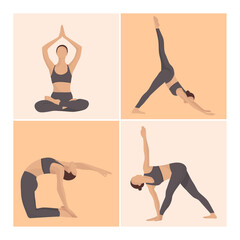 Yoga greeting card girl in grey slim sport suit practicing yoga International yoga day