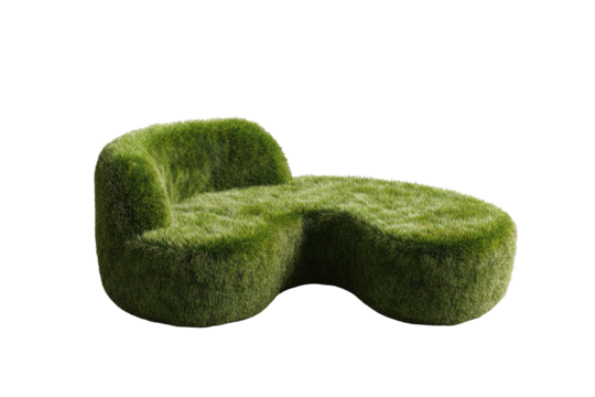 A grass-covered chaise lounge against black, resembling a biomorphic landscape element
