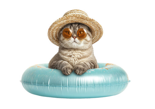 A tabby cat wearing sunglasses and a hat relaxes in a blue inflatable ring