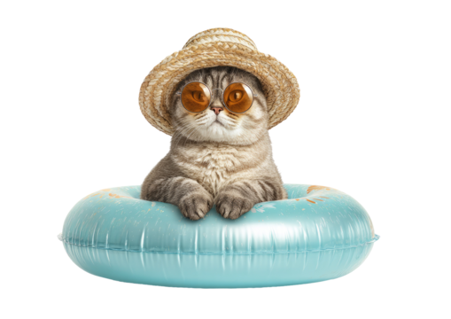 A tabby cat wearing sunglasses and a hat relaxes in a blue inflatable ring