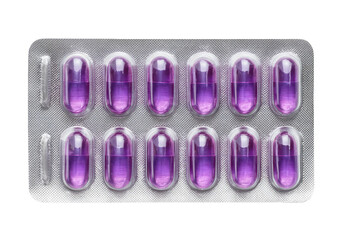 Blister pack of purple capsules, individually sealed in silver foil. Top-down view