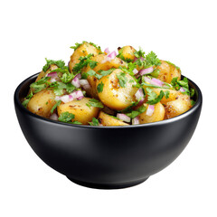 A ceramic bowl overflowing with a potato salad garnished with herbs and red onion