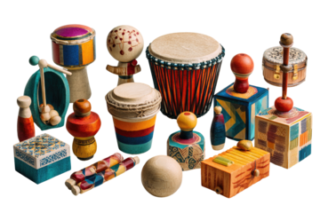 A collection of colorful, handcrafted wooden percussion instruments arranged on a black backdrop