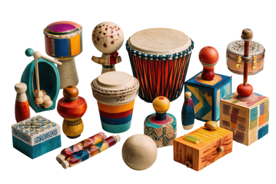 A collection of colorful, handcrafted wooden percussion instruments arranged on a black backdrop