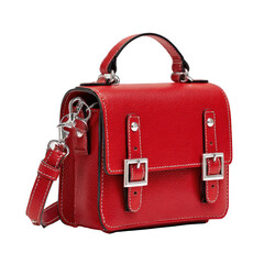 A vibrant red, rectangular handbag with silver buckles and a detachable shoulder strap