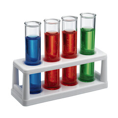 Four test tubes with colorful liquids sit in a white rack. The liquids are blue, red, and green