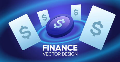 Finance Vector Design with Glowing Coin and Floating Money Symbols on Blue Background