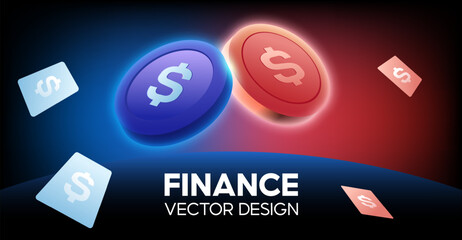 Two Opposing Dollar Coins Finance Vector Design on Glowing Background