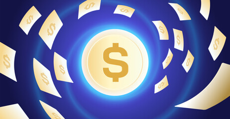 Golden Dollar Coin Vector with Flying Money on Blue Light Background
