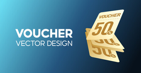 Golden 50 Percent Voucher Vector Design on Blue Gradient Background