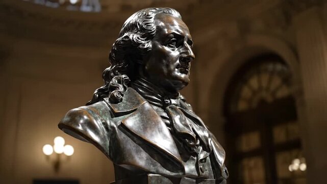 Bronze Bust of Thomas Jefferson in a Dimly Lit Hallway, Capturing Historical Grandeur and Artistic Detail.