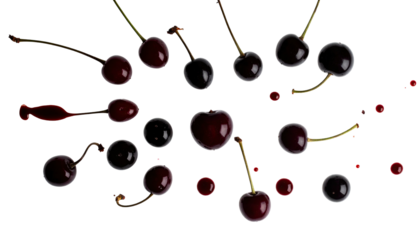 Dark cherries scattering, some splattered, against a black backdrop