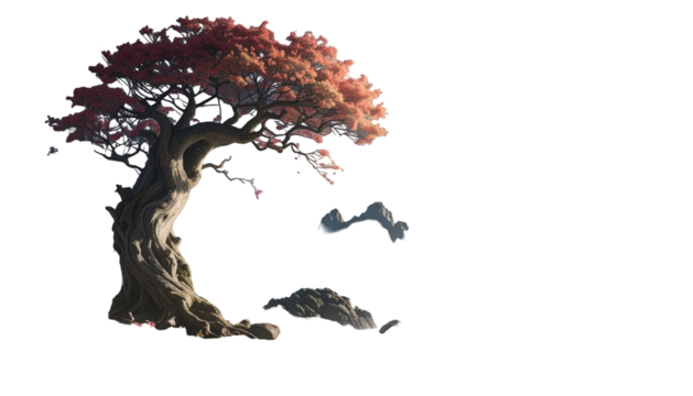 Gnarled tree with pink leaves against a black backdrop