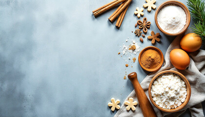 Christmas cooking concept. Ingredients for christmas cookies on tiles background, copy space. Flour, eggs, sugar, cinnamon, top view