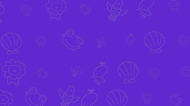 Playful and whimsical floral pattern animal seamless background with cartoon creature outlines in a vibrant purple, ideal for creative projects