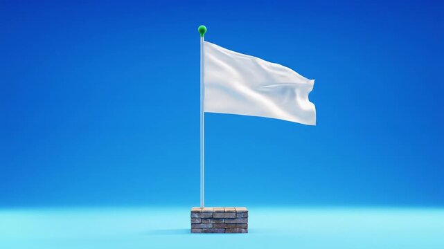A pristine, pure white flag unfurling on a sleek silver flagpole with an emerald finial, anchored by brown bricks, against a cerulean blue background in a shadowless studio video. Concept of serenity