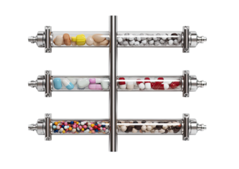 Clear tubes of colored pills, capsules, and tablets are held within a metal framework