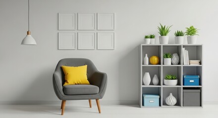 Modern living room interior with a grey armchair, yellow cushion, and a white shelving unit