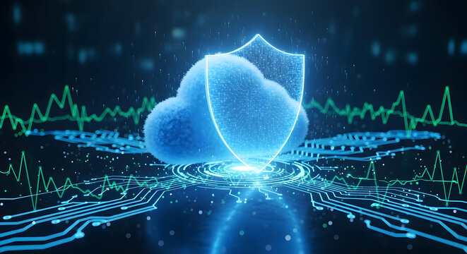 Secure cloud computing technology with a data protection shield on a futuristic digital circuit board background