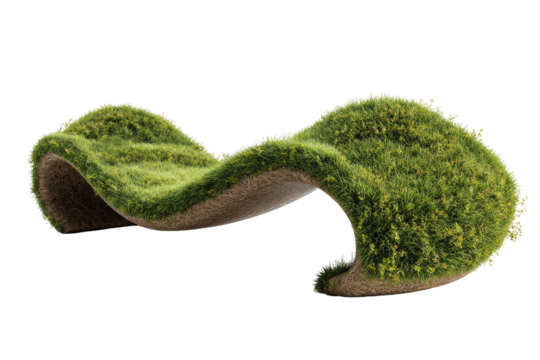 A contoured grass-covered bench floats isolated on black, featuring a curved design