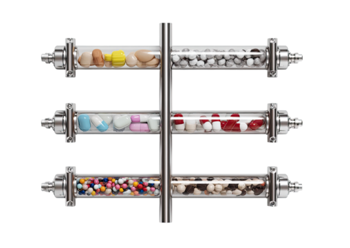 Clear tubes of colored pills, capsules, and tablets are held within a metal framework
