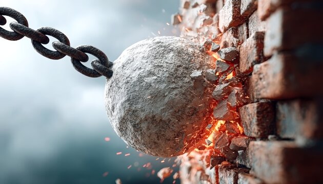 Massive Stone Sphere Crashes Through Brick Wall, Symbolizing Destruction and Breaking Boundaries