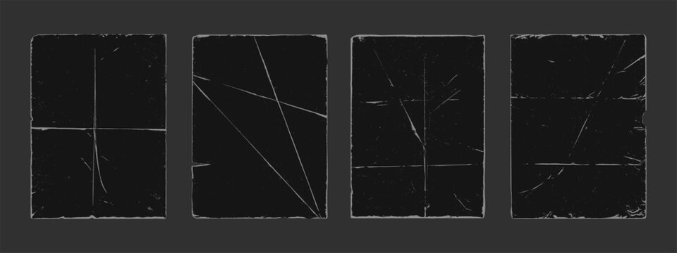 Old retro style paper fold texture black grunge punk overlay vector illustration set. Vintage dark cover dirty scratched folded paper sheet collection grain noise rough effect distress corner template