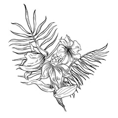 A bouquet of palm leaves and tropical flowers. Vector illustration in a realistic plant style for interior design, wallpaper, posters, apparel, and packaging.