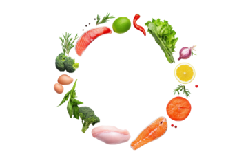 A Culinary Circle of Wellness: A vibrant array of fresh, wholesome food elements, thoughtfully arranged in a circular composition, representing health, nourishment, and a balanced diet. 