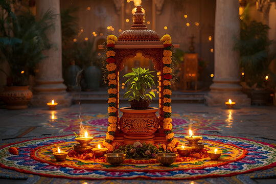 Tulsi Vivah Altar with Sacred Basil Plant, Marigold Garlands, Diyas, and Clay Shrine in Festive Indian Courtyard