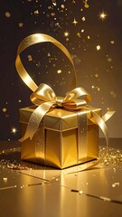 Gleaming, golden gift box with ribbon, confetti, and celebratory ambiance