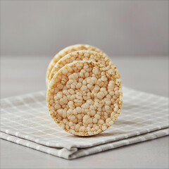 Three puffed rice cakes stacked on a textured cloth