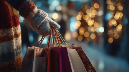 female hand holding christmas shopping bags background