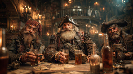 Gathering of pirates at a lively tavern in Tortuga during the Golden Age of Piracy filled with laughter and tales of adventure