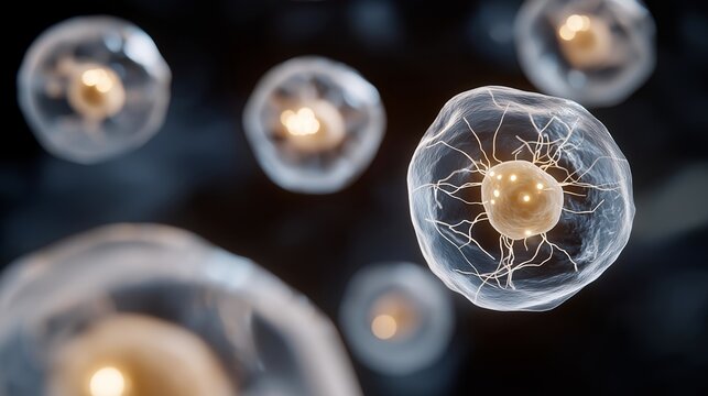 Transparent human cell model under high magnification revealing nucleus and thin filament networks, symbolizing biotechnology innovation, gene therapy research, and microscopic study of biological